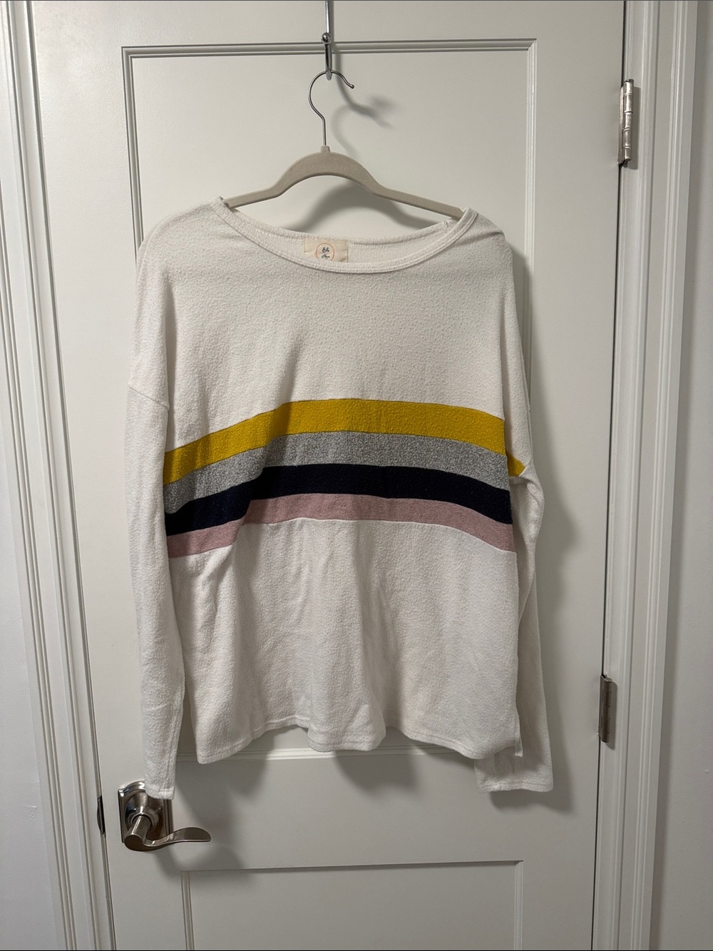 Anthropologie Cream Sweater with Yellow, Navy, Gray & Pink Stripes